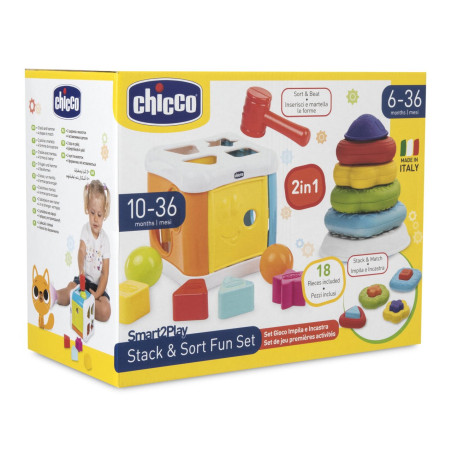 Chicco - Set Multicubo Encajable y Pirámide de Anillos 2 en 1 - Juguete Educativo para Bebés 10m+