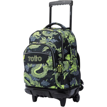 TOTTO Mochila Escolar con Ruedas Dragones Orientales - Dragony, 26.21 L, para PC 14", Negro/Verde