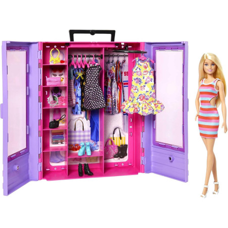 Barbie Fashionista - Armario Portátil con 3 Looks, Accesorios y Muñeca - Mattel