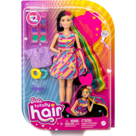 Barbie Totally Hair Pelo Extralargo Corazón - Muñeca Vestido Melena Arcoíris - Accesorios